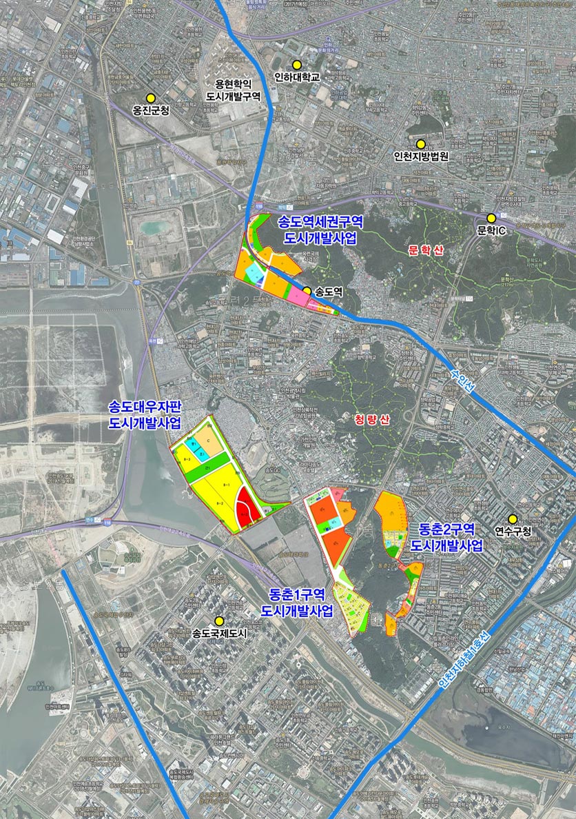 연수구 도시개발 총괄현황 위치도. 총3구역. 송도역 부근 - 송도역세권구역 도시개발 사업. 송도국제도시와 연수구청, 청량산 사이에 동춘1구역 도시개발사업, 동춘2구역 도시개발 사업. 동춘1구역 도시개발사업 왼쪽 상단 송도대우자판도시개발사업. 옹진군청과 인하대학교 사이 용현학익 도시개발구역. 그외 지도 표기사항 : 문학IC, 문학산, 수인선, 인천지하철1호선, 인천지방법원