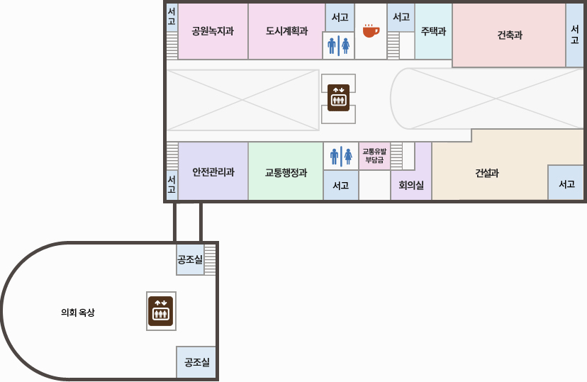 4층 청사안내도(왼쪽상단부터 시계방향으로) : 서고, 공원녹지과, 도시계획과, 서고, 화장실, 쉼터, 도시주택과, 건축과, 서고, 서고, 건설과, 회의실, 교통유발부담금, 화장실, 서고, 교통행정과, 안전관리과, 엘리베이터, 서고 / (왼쪽하단구역) : 공조실, 의회옥상, 공조실, 엘리베이터