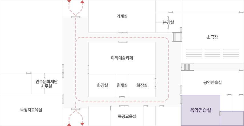 문화의 집 평면도 / 문화의 집 평면도 / 연수문화재단사무실, 녹청자교육실, 기계실, 야외예술카페, 화장실, 휴게실, 화장실, 목공교육실, 분장실, 소극장, 공연연습실, 음악연습실