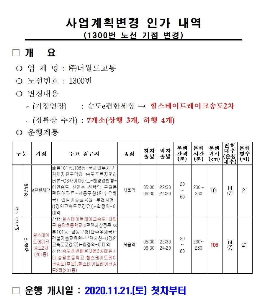 1300번 버스노선 기점 변경 안내의 1번째 이미지