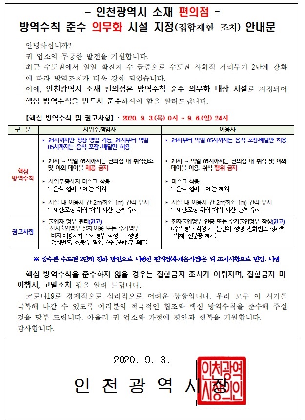 인천광역시 소재 편의점 방역조치 강화 방안의 1번째 이미지