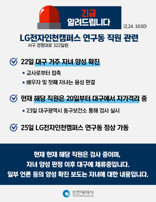 (긴급)코로나19 LG전자 인천캠퍼스 연구동 직원관련 안내의 1번째 이미지